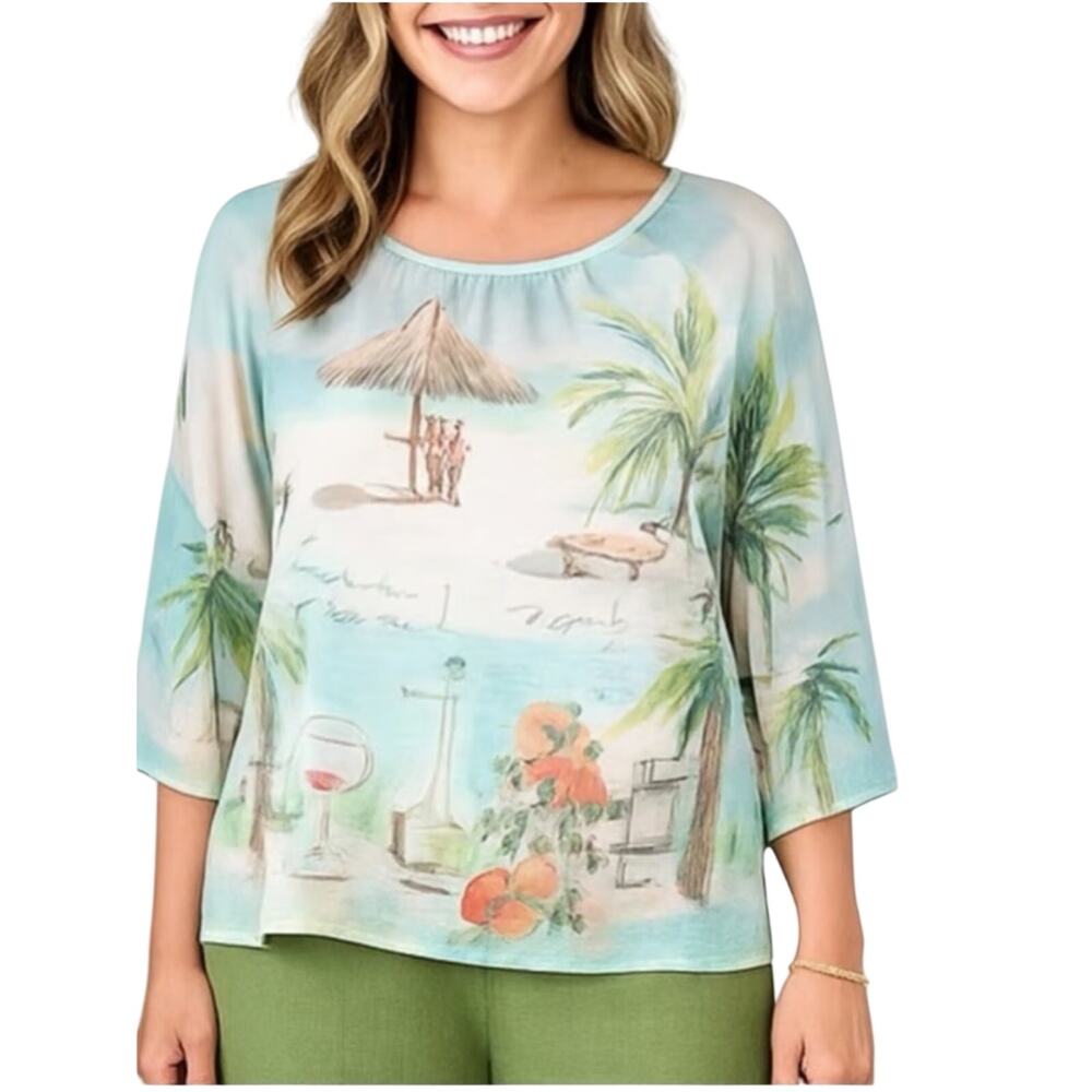 Chico's Tropical Print Blouse in Aqua and Coral